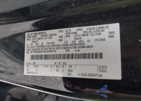 2019 Ford F-250 Xl из США, поврежденный, VIN 1FT7W2B61KEC96310